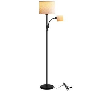 Wood Shade LED Floor Lamp with Wireless Charging Adjustable Color Temperature Modern Design for Home Decor