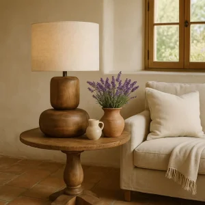 Wood Table Lamp Handcrafted Vintage Rustic Linen Shade Bedside Desk Light for Hotel Bedroom Villa Living Room
