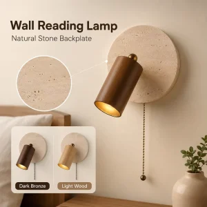 Wood Wall Lamp Modern Travertine Backplate Bedside Reading Sconce LED for Bedroom Hotel Villa Living Room Decor
