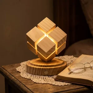 Wooden LED Cube Table Lamp Rechargeable Night Light for Reading Dimmable USB Bedside Lamps for Bedroom Room Decor Mood Lighting