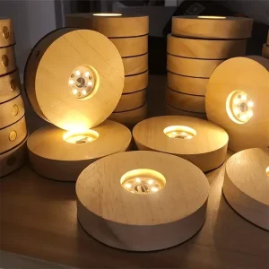 Wooden LED Light Base with USB Power, 7 Colors, Dimming, and Warm White Light
