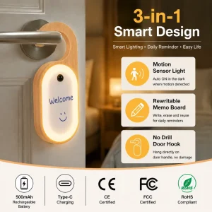 Wooden Memo Board Rechargeable Motion Sensor LED Night Light, Erasable, Door Hanging Decor for Bedroom, Home Office and Entryway
