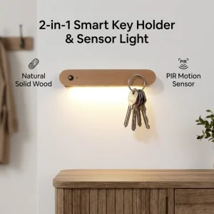 Wooden PIR Motion Sensor Rechargeable LED Night Light with Magnetic Key Holder