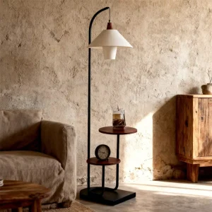 Wooden and Metal Standing Floor Lamp with Shelves and Fabric Shade for Living Room Bedroom Bedside