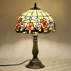 Zinc Alloy Base Modern 12 Inch Dome Stained Glass Rose Dragonfly LED E26 AC Desk Lamp for Living Room